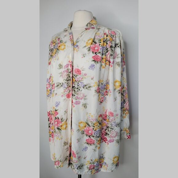 Vintage Floral Oversized Button Up Top Size S Pleated Longline Flowy Cottage - Picture 3 of 11